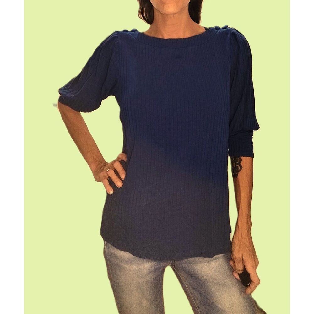 New Directions ~ Teal Ribbed Boat Neck ¾ Sleeve Top Petite ~ Medium